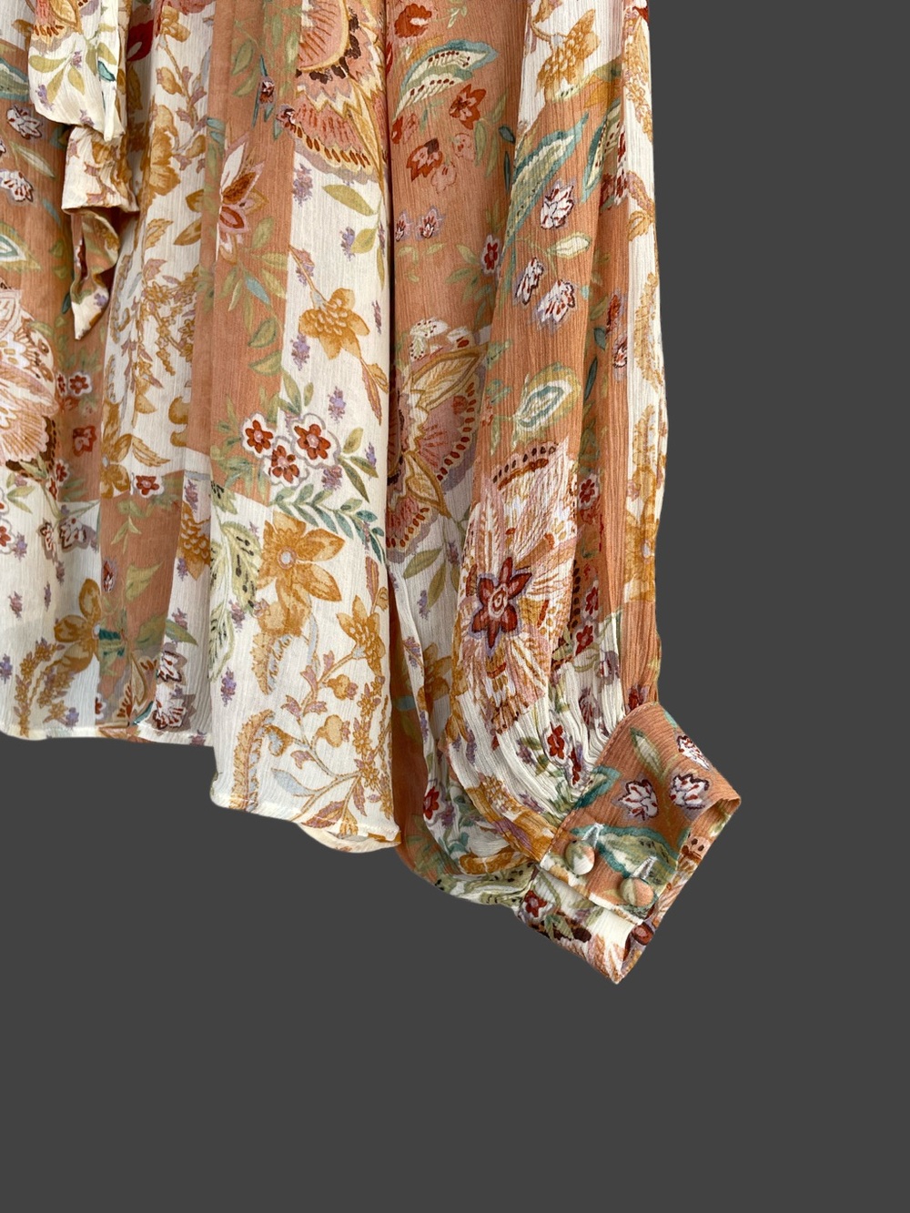 SEZANE Orange Tan Boho Floral Patchwork Flowy Chiffon Tie Back Solange Blouse - Picture 11 of 17